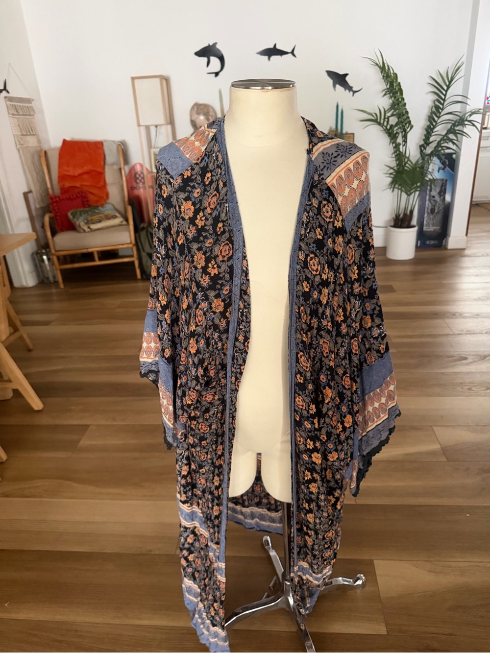 Angie Multicolor Paisley boho duster cardigan  with Navy and Orange Accents